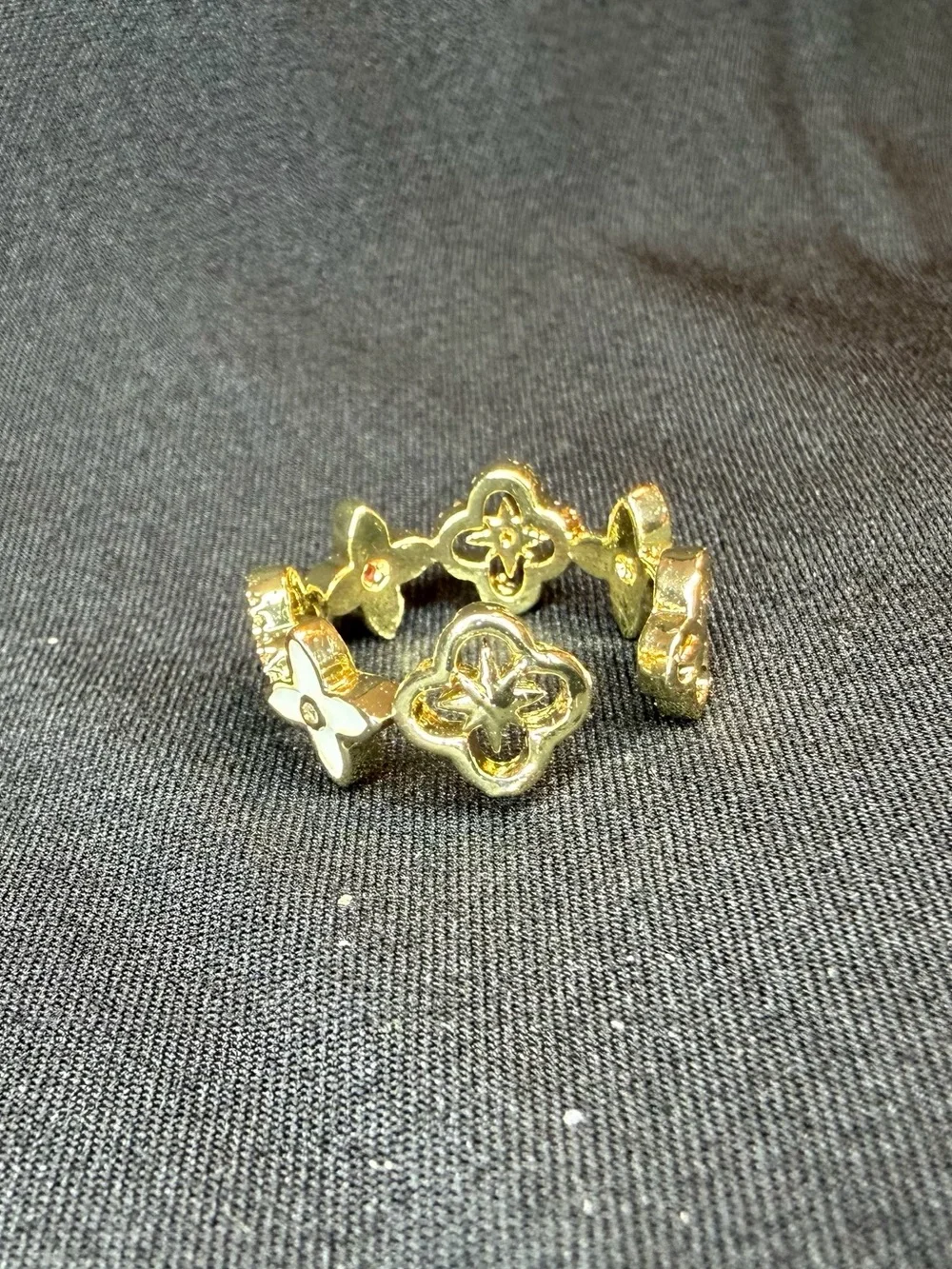 Gold Tone White Enamel Quatrefoil Clover Open Adjustable Pavé Crystal Ring